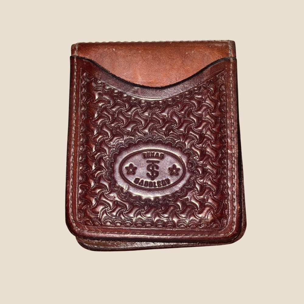 Texas Saddlery Mens Brown Tooled Leather Money Clip Wallet Basketweave Bifold
